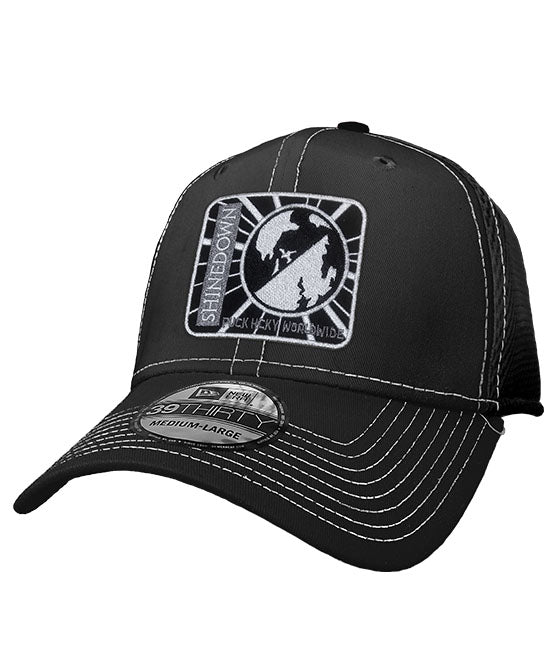 SHINEDOWN 'PLANET ZERO' stretch mesh contrast stitch hockey cap in black with white stitching