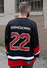 SHINEDOWN ‘PLANET ZERO’ deluxe hockey jersey in black, white, and red back view on model