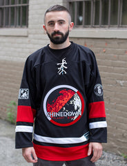 SHINEDOWN ‘PLANET ZERO’ deluxe hockey jersey in black, white, and red front view on model