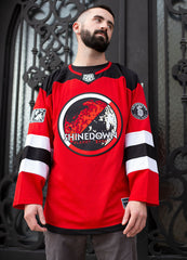 SHINEDOWN ‘PLANET ZERO’ deluxe hockey jersey in red, black, and white front view on model