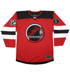 SHINEDOWN ‘PLANET ZERO’ deluxe hockey jersey in red, black, and white front view