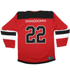 SHINEDOWN ‘PLANET ZERO’ deluxe hockey jersey in red, black, and white back view