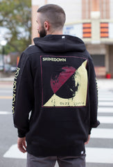 SHINEDOWN ‘PLANET ZERO' laced pullover hockey hoodie in black with red and tan laces back view on model