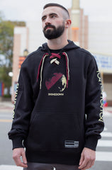 SHINEDOWN ‘PLANET ZERO' laced pullover hockey hoodie in black with red and tan laces front view on model