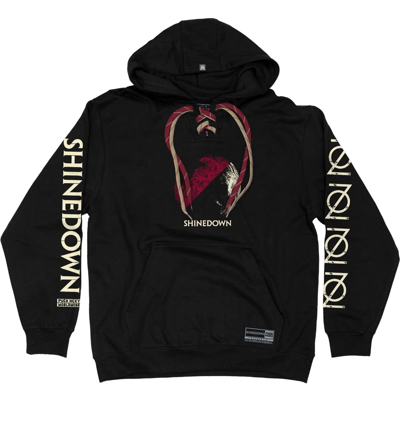 SHINEDOWN ‘PLANET ZERO' laced pullover hockey hoodie in black with red and tan laces front view