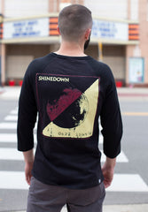 SHINEDOWN ‘PLANET ZERO’ hockey raglan t-shirt in graphite heather with black sleeves back view on model