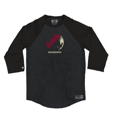 SHINEDOWN ‘PLANET ZERO’ hockey raglan t-shirt in graphite heather with black sleeves front view