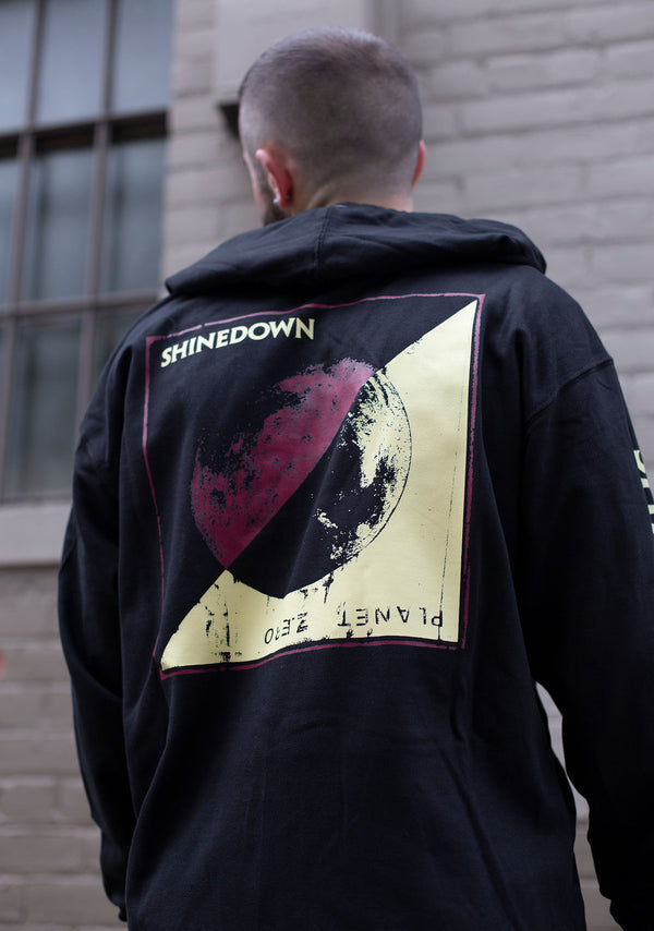 SHINEDOWN ‘PLANET ZERO’ full zip hockey hoodie in black back view on model