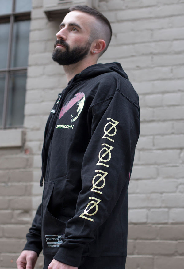 SHINEDOWN ‘PLANET ZERO’ full zip hockey hoodie in black side view on model