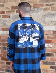 SHINEDOWN ‘WHISPER’ hockey flannel in blue plaid back view on model