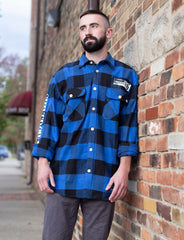 SHINEDOWN ‘WHISPER’ hockey flannel in blue plaid front view on model
