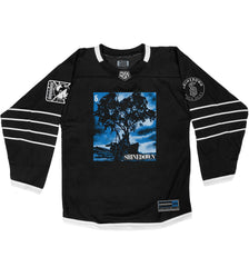 SHINEDOWN ‘WHISPER’ hockey jersey in black and white front view