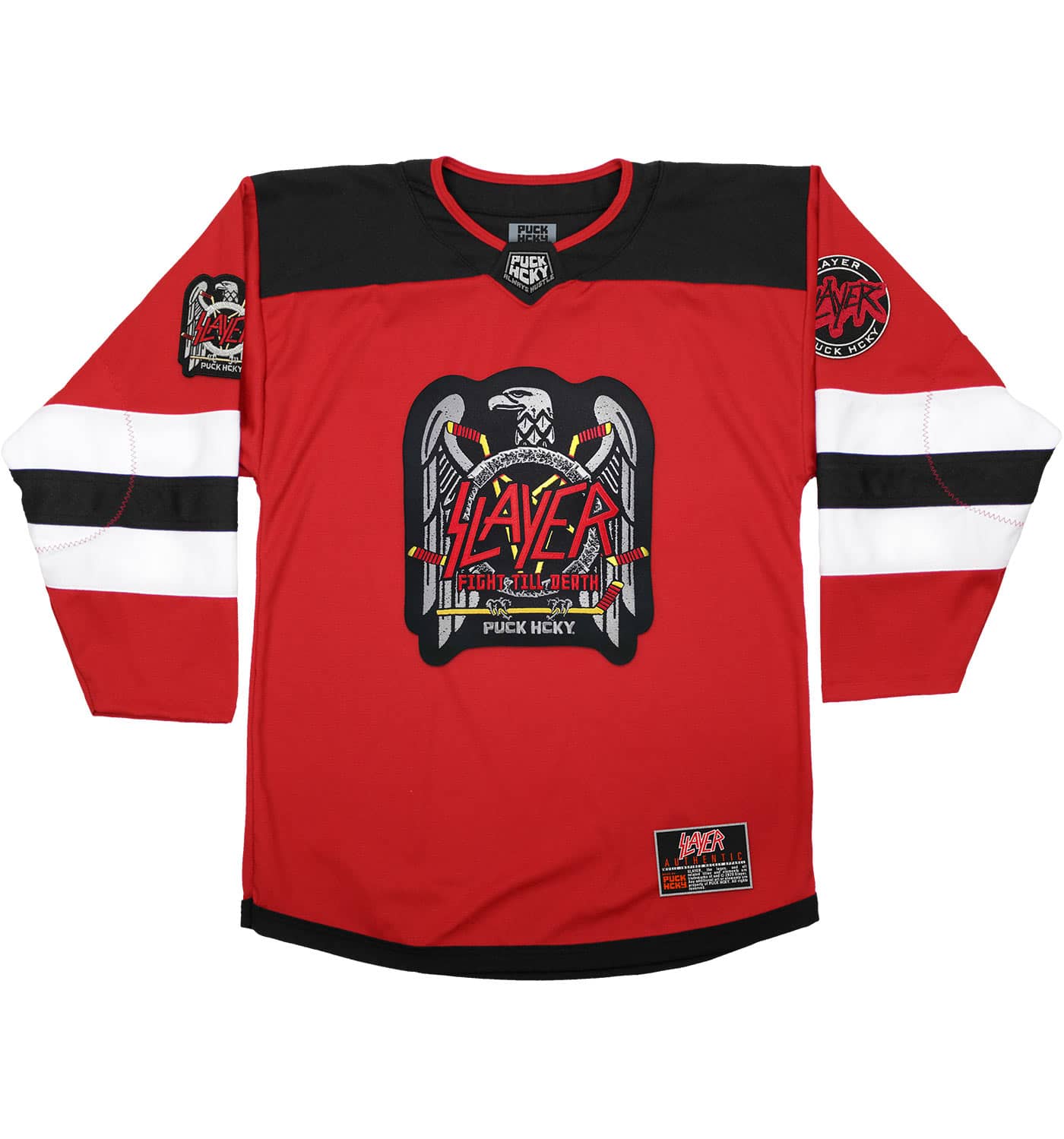 SLAYER 'FIGHT TILL DEATH' deluxe hockey jersey in red, black, and white front view