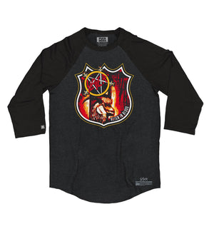 SLAYER 'REIGN IN BLOOD' hockey raglan in black heather with black sleeves