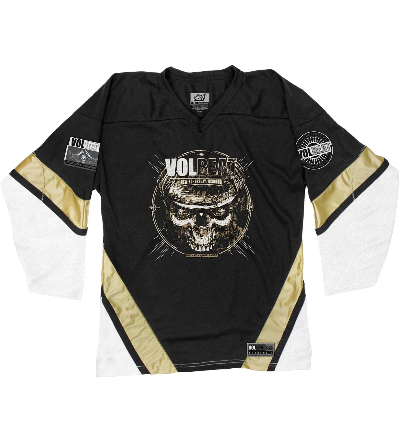 VOLBEAT ‘REWIND REPLAY REBOUND’ hockey jersey in black, white, and vegas gold front view