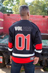 VOLBEAT ‘THE CIRCLE’ deluxe hockey jersey in black, white, and red back view on model