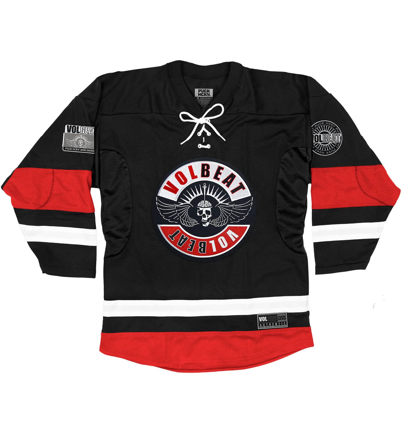 VOLBEAT ‘THE CIRCLE’ deluxe hockey jersey in black, white, and red front view