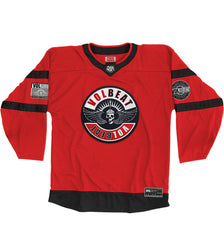 VOLBEAT ‘THE CIRCLE’ deluxe hockey jersey in red and black front view