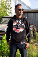 VOLBEAT ‘THE CIRCLE’ pullover hockey hoodie in black front view on model