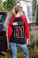 VOLBEAT ‘THE CIRCLE’ hockey raglan t-shirt in black with red sleeves back view on model