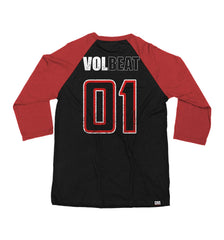 VOLBEAT ‘THE CIRCLE’ hockey raglan t-shirt in black with red sleeves back view