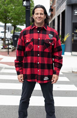 WHITECHAPEL 'MARK OF THE SKATE BLADE' hockey flannel in red plaid front view on model