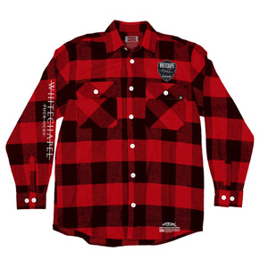 WHITECHAPEL 'MARK OF THE SKATE BLADE' hockey flannel in red plaid front view