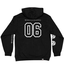 WHITECHAPEL 'MARK OF THE SKATE BLADE' laced pullover hockey hoodie in black with grey laces with white stripes and white laces with black stripes back view