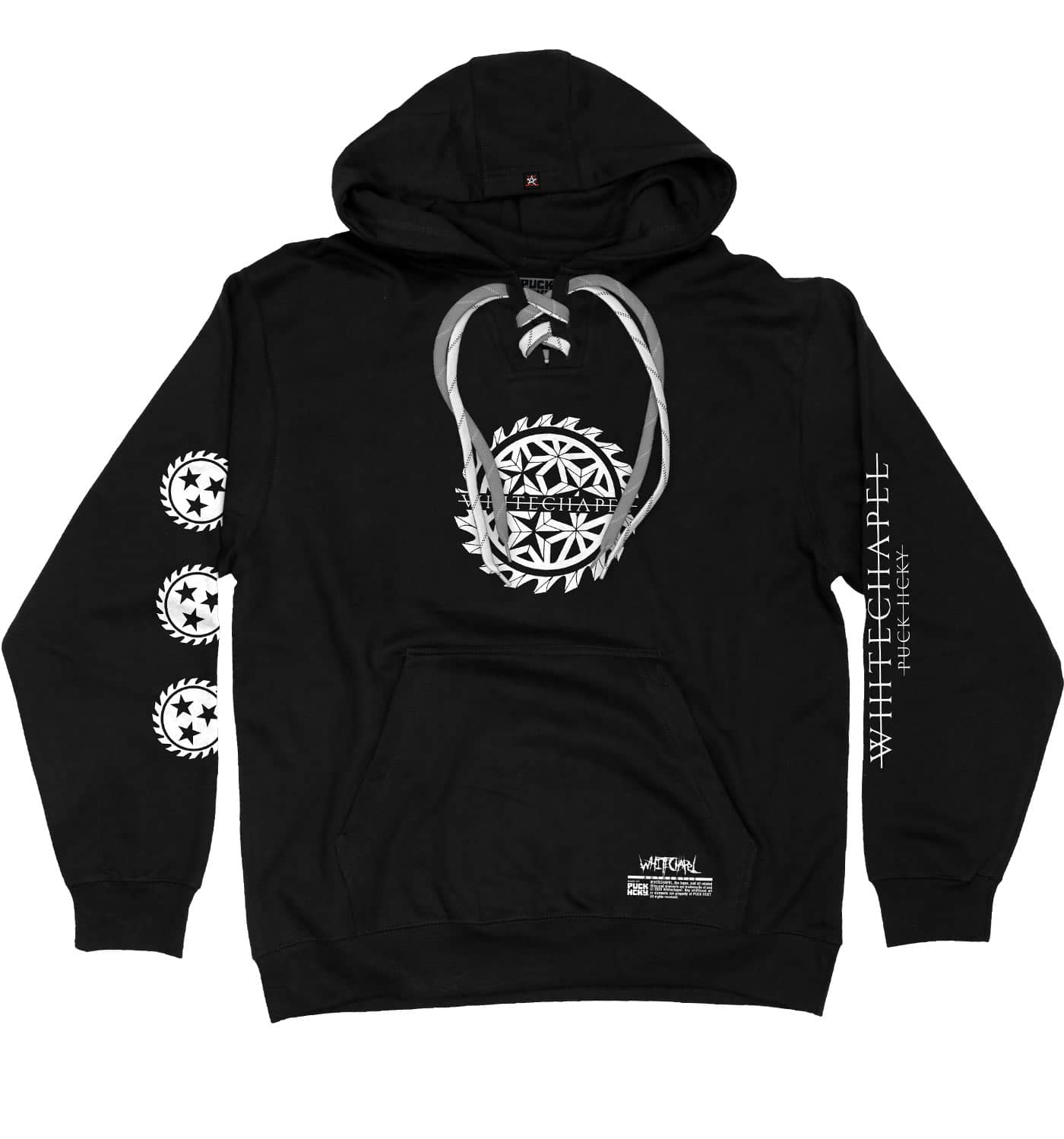WHITECHAPEL 'MARK OF THE SKATE BLADE' laced pullover hockey hoodie in black with grey laces with white stripes and white laces with black stripes front view