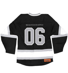 WHITECHAPEL 'MARK OF THE SKATE BLADE' hockey jersey in black, white, and grey back view