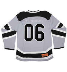 WHITECHAPEL 'MARK OF THE SKATE BLADE' hockey jersey in grey, black, and white back view