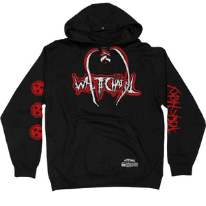 WHITECHAPEL 'REPROGRAMMED TO SKATE' laced pullover hockey hoodie in black with red laces and white laces, each with black stripes front view