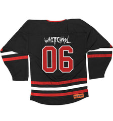 WHITECHAPEL 'REPROGRAMMED TO SKATE' deluxe hockey jersey in black, red, and white back view