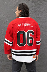 WHITECHAPEL 'REPROGRAMMED TO SKATE' deluxe hockey jersey in red, white, and black back view on model