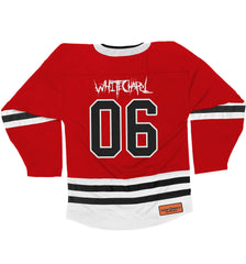 WHITECHAPEL 'REPROGRAMMED TO SKATE' deluxe hockey jersey in red, white, and black back view